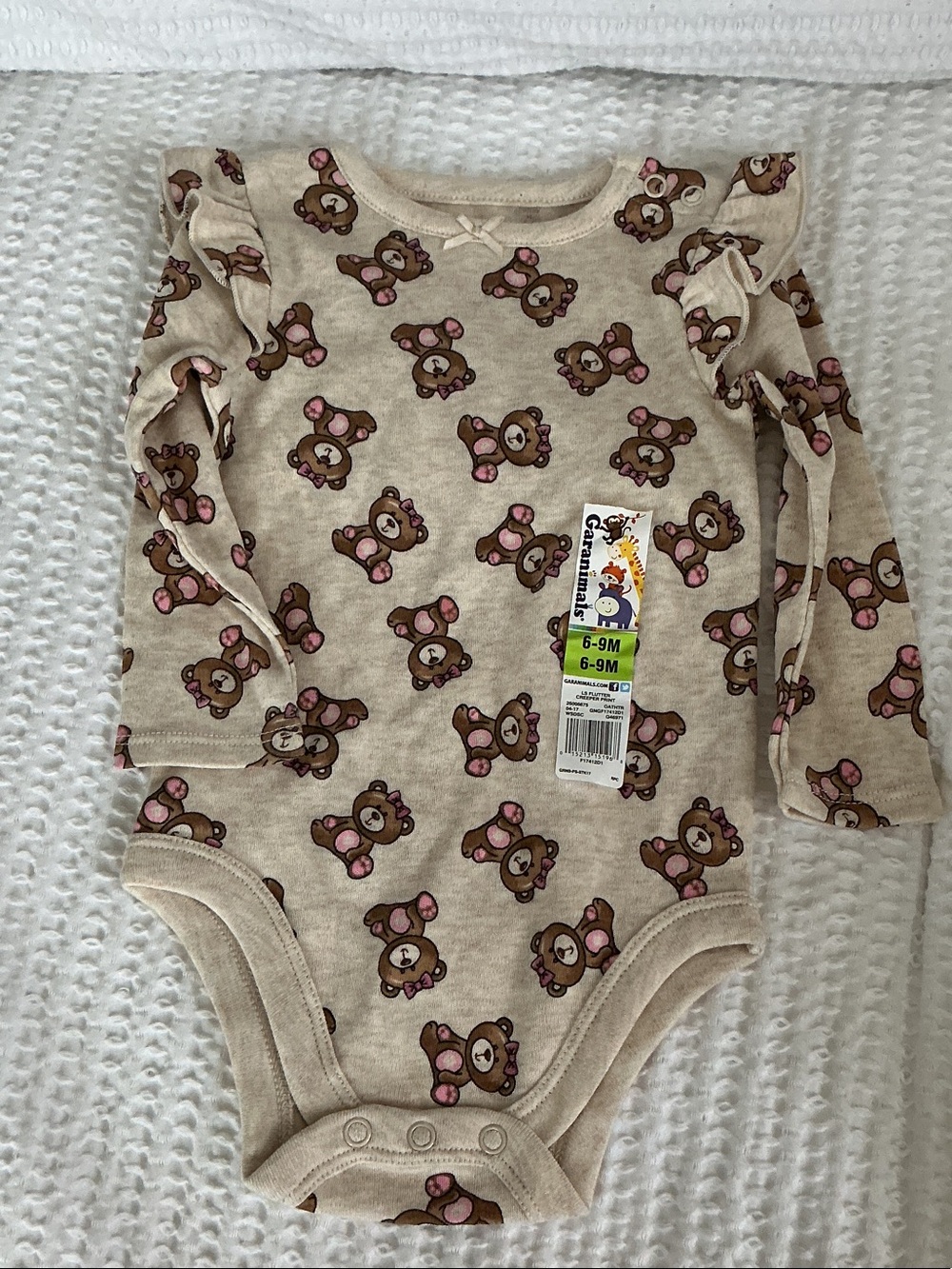 Garanimals Beige and Pink Bear Print Long-Sleeve One-Piece